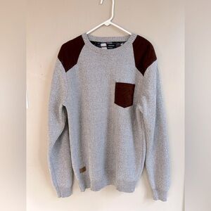 Men’s Gray Crewneck Sweater with Brown Cordaroy Accents